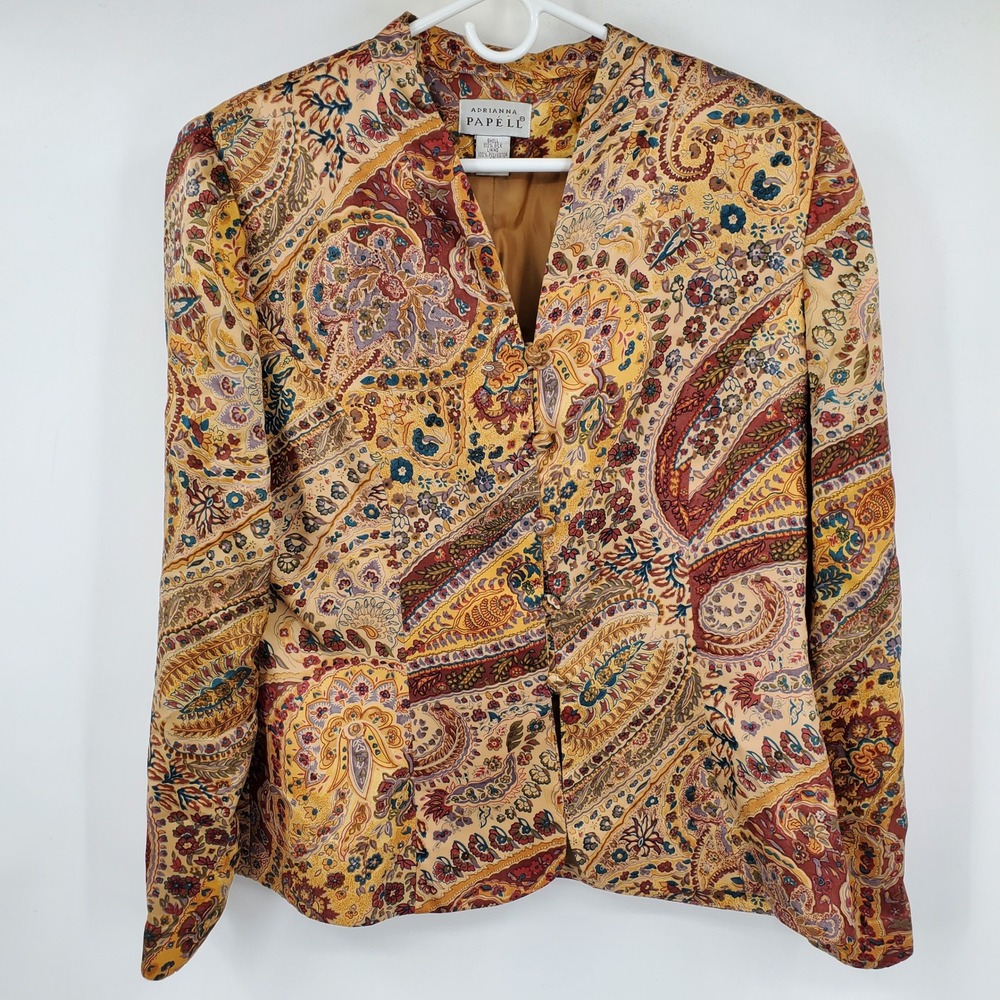 Adrianna Papell 100% Silk Paisley Floral‎ Blazer Jacket Gold 14 Lagenlook Artsy